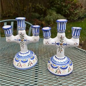 Pair of Hand-Painted Talavera Blue and White Ceramic Candle Holders